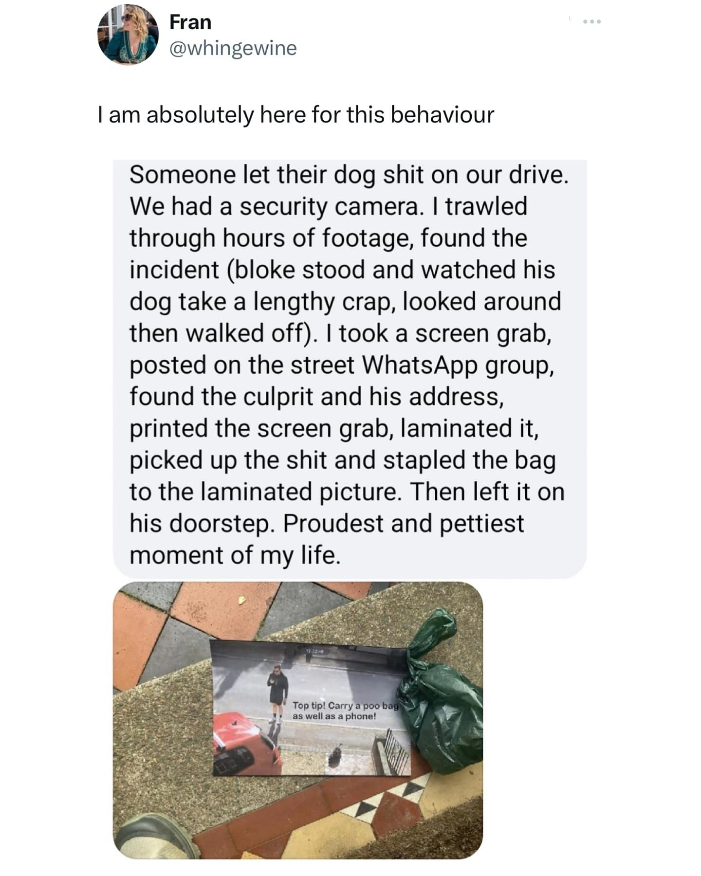 funny memes. I am absolutely here for this behaviour Someone let their dog shit on our drive. We had a security camera. I trawled through hours of footage, found the incident (bloke stood and watched his dog take a lengthy crap, looked around then walked off). I took a screen grab, posted on the street WhatsApp group, found the culprit and his address, printed the screen grab, laminated it, picked up the shit and stapled the bag to the laminated picture. Then left it on his doorstep. Proudest and pettiest moment of my life.