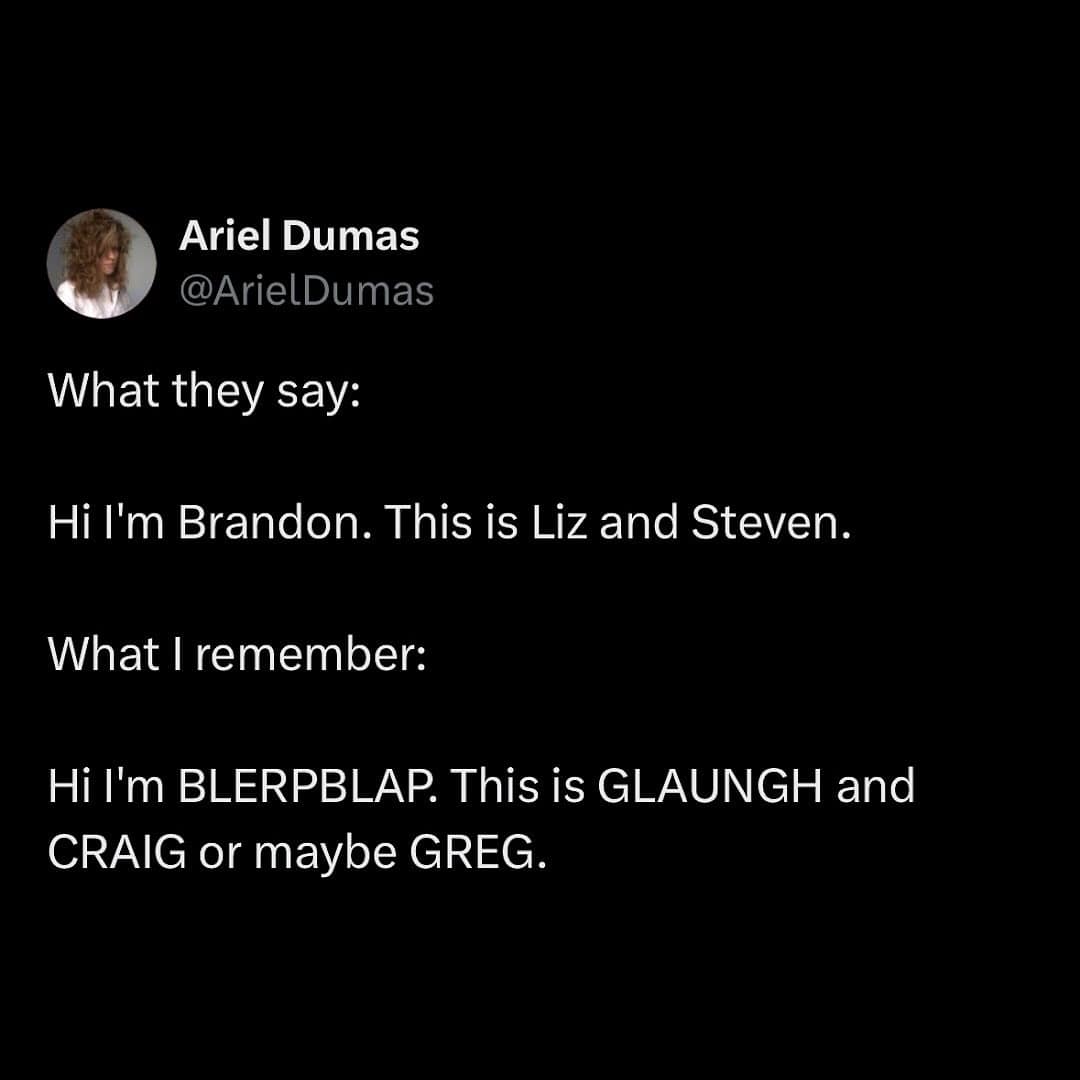 funny memes What they say: Hi I'm Brandon. This is Liz and Steven. What I remember: Hi I'm BLERPBLAP. This is GLAUNGH and CRAIG or maybe GREG.