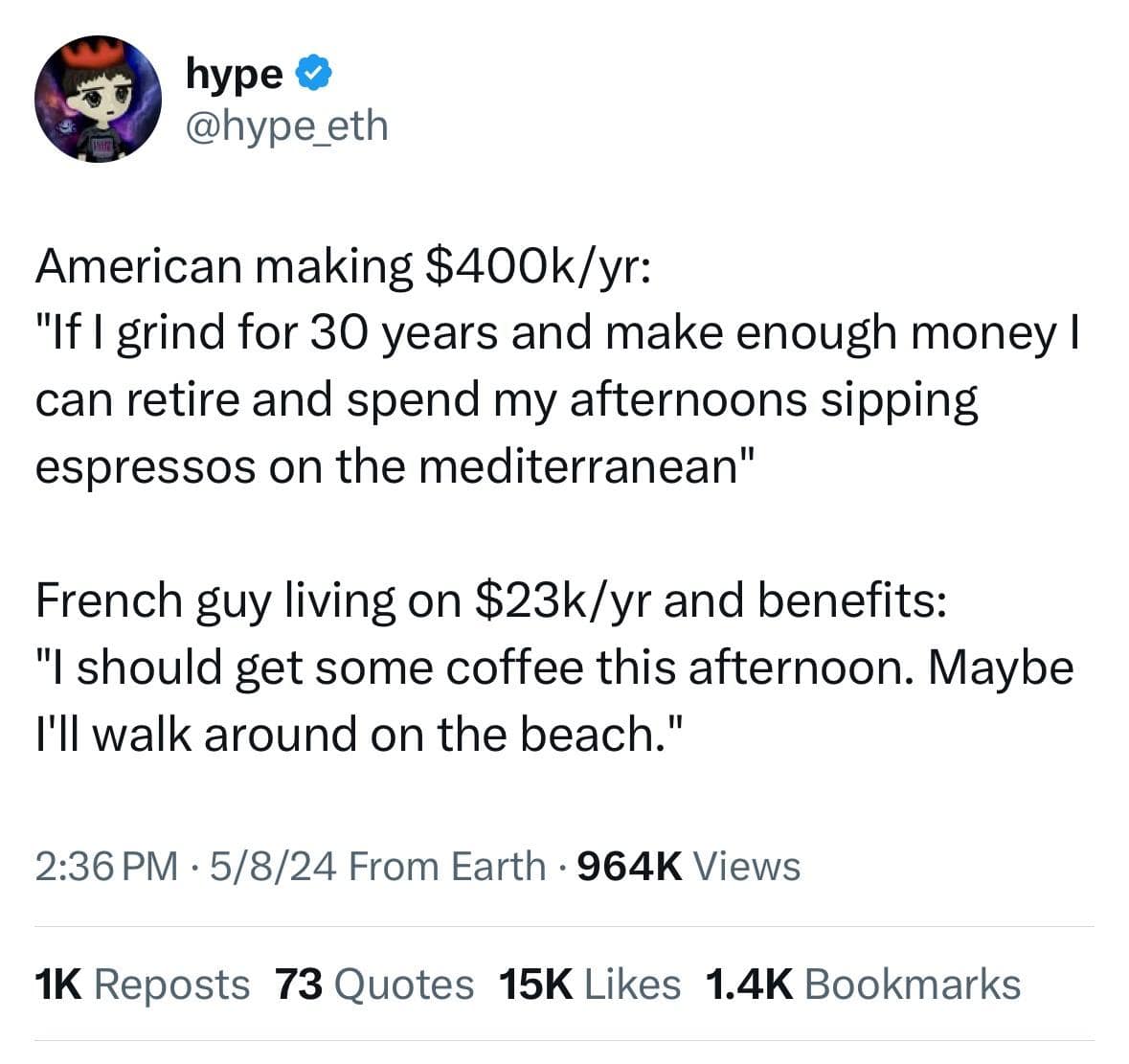 funny pics. American making $400k/yr: "If I grind for 30 years and make enough money I can retire and spend my afternoons sipping espressos on the mediterranean" French guy living on $23k/yr and benefits: "I should get some coffee this afternoon. Maybe I'll walk around on the beach."