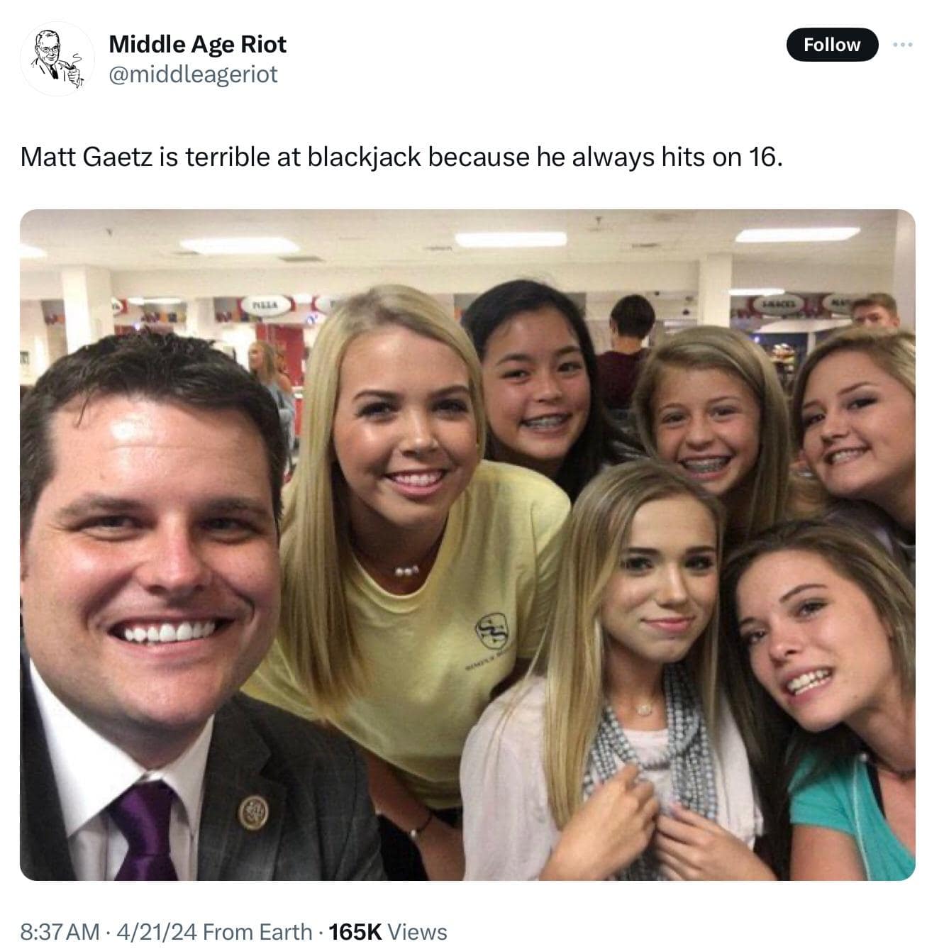 funny pic Matt Gaetz is terrible at blackjack because he always hits on 16.