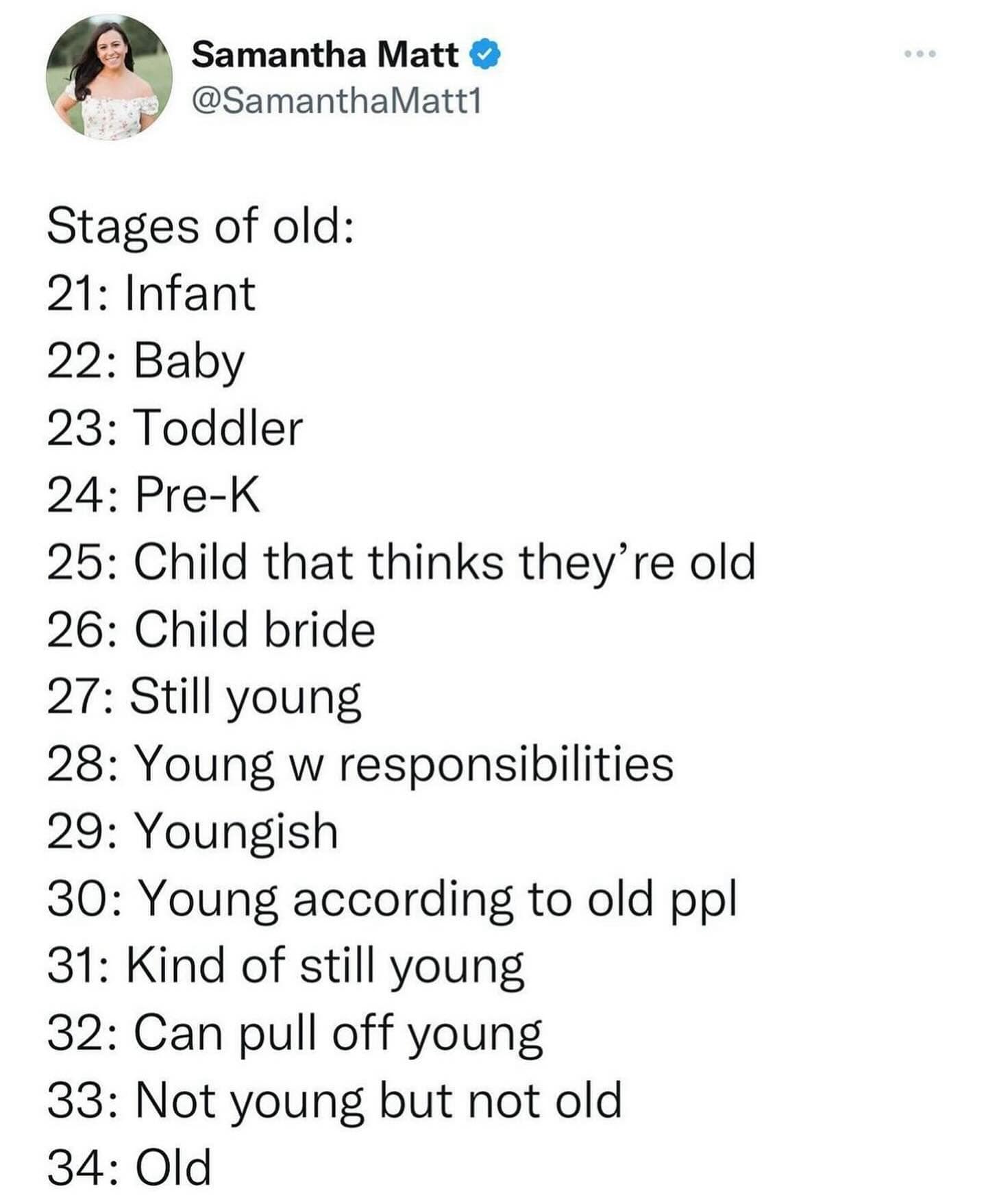 Stages of old: 21: Infant 22: Baby 23: Toddler 24: Pre-K 25: Child that thinks they're old 26: Child bride 27: Still young 28: Young w responsibilities 29: Youngish 30: Young according to old ppl 31: Kind of still young 32: Can pull off young 33: Not young but not old 34: Old