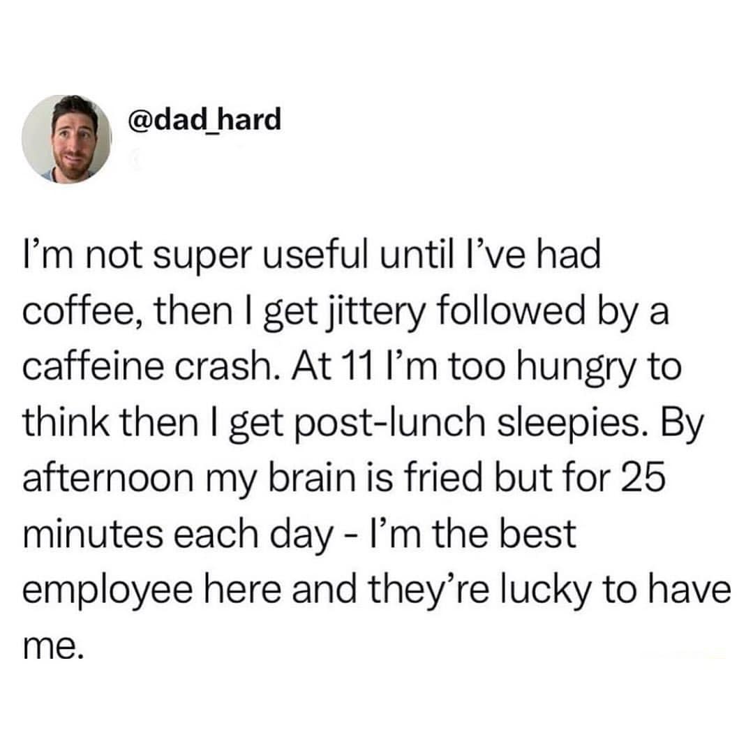 funny pics. I'm not super useful until l've had coffee, then I get jittery followed by a caffeine crash. At 11 l'm too hungry to think then I get post-lunch sleepies. By afternoon my brain is fried but for 25 minutes each day - I'm the best employee here and they're lucky to have me.