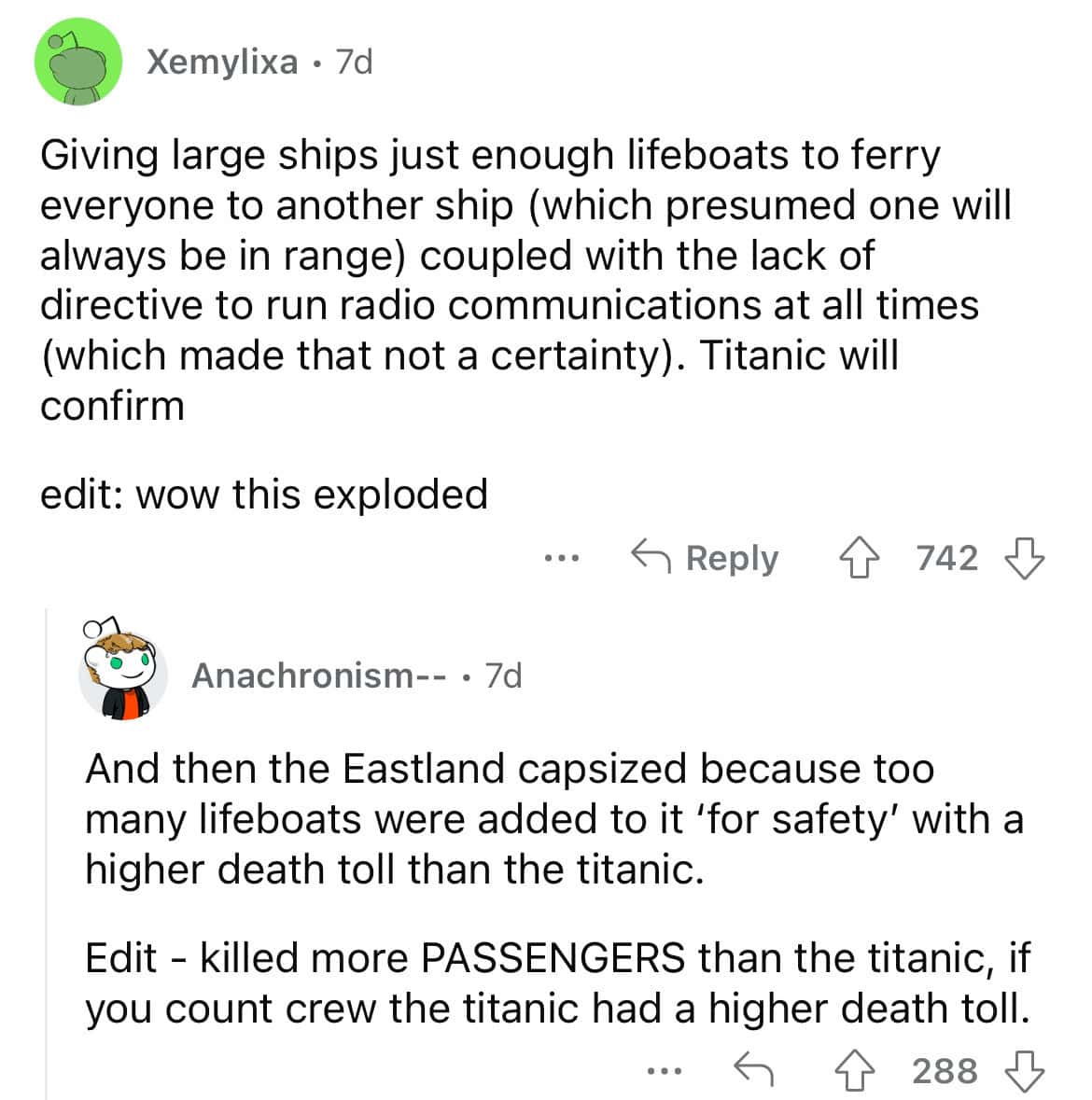 Giving large ships just enough lifeboats to ferry everyone to another ship (which presumed one will always be in range) coupled with the lack of directive to run radio communications at all times (which made that not a certainty). Titanic will confirm edit: wow this exploded
