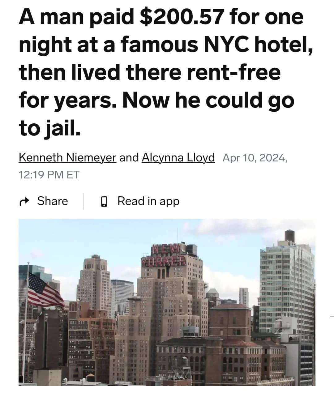men being chaotic. A man paid $200.57 for one night at a famous NYC hotel, then lived there rent-free for years. Now he could go to jail.