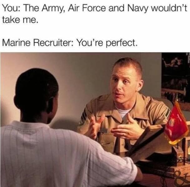 military memes. You: The Army, Air Force and Navy wouldn't take me. Marine Recruiter: You're perfect.