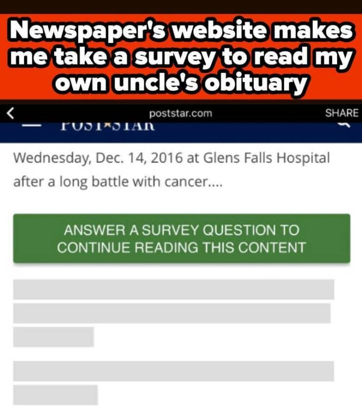 Newspaper's website makes me take a survey to read my own uncle's obituary