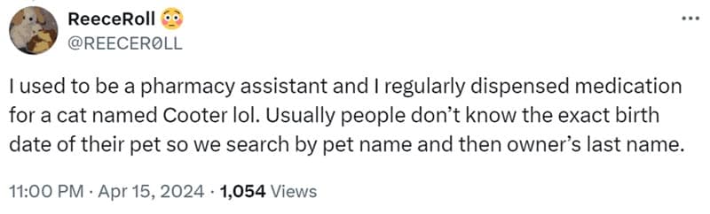 I used to be a pharmacy assistant and I regularly dispensed medication for a cat named Cooter lol. Usually people don't know the exact birth date of their pet so we search by pet name and then owner's last name.