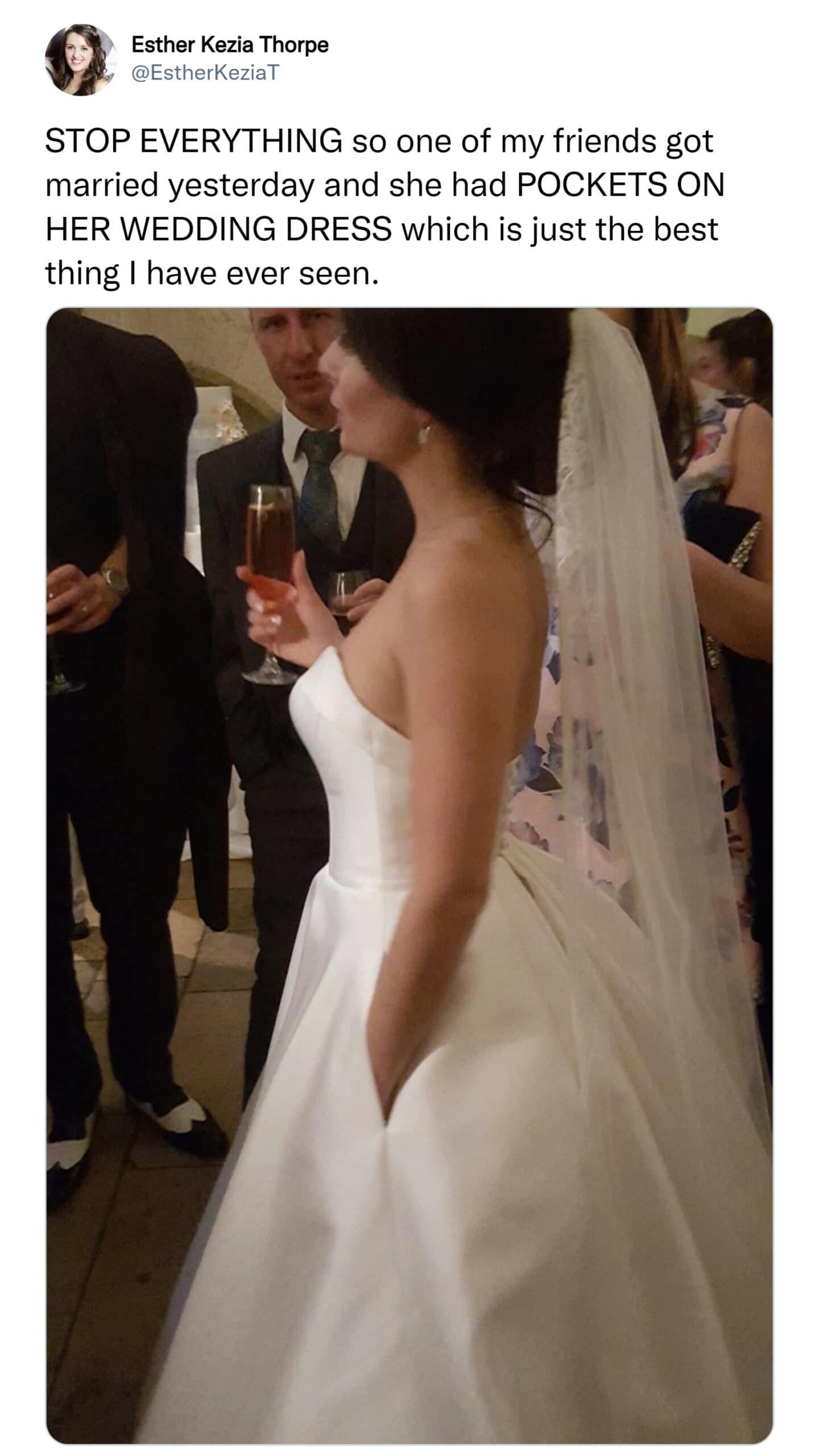 STOP EVERYTHING so one of my friends got married yesterday and she had POCKETS ON HER WEDDING DRESS which is just the best thing I have ever seen.