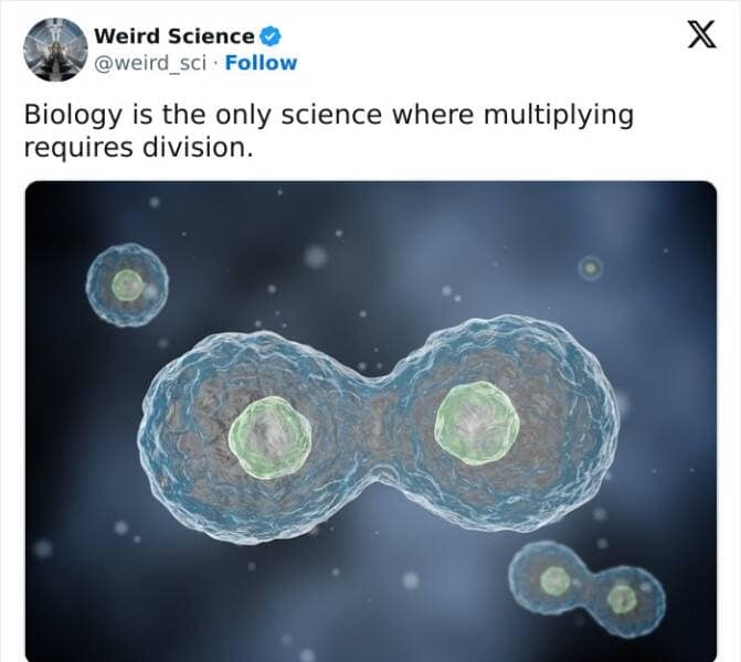 Weird science facts. Biology is the only science where multiplying requires division.
