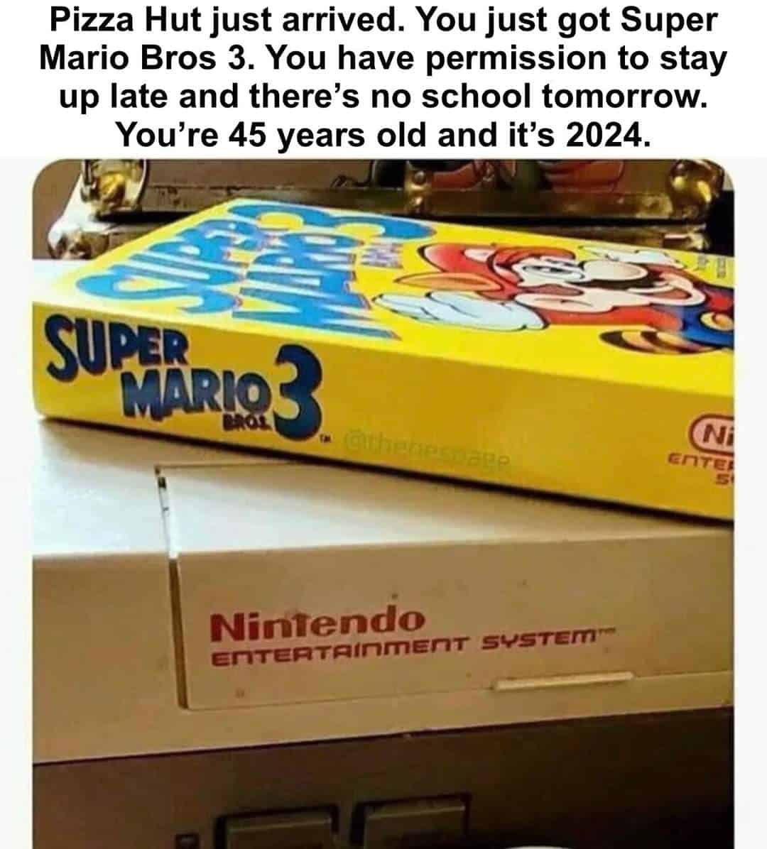 80s memes. Pizza Hut just arrived. You just got Super Mario Bros 3. You have permission to stay up late and there's no school tomorrow. You're 45 years old and it's 2024.