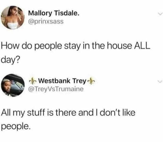 antisocial memes. How do people stay in the house ALL day?