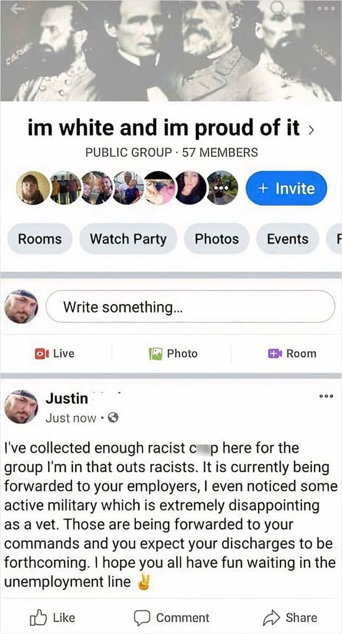 I've collected enough racist c p here for the group l'm in that outs racists. It is currently being forwarded to your employers, I even noticed some active military which is extremely disappointing as a vet. Those are being forwarded to your commands and you expect your discharges to be forthcoming. I hope you all have fun waiting in the unemployment line