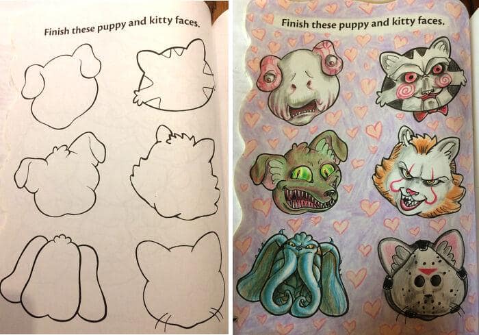 corrupted coloring books, adult coloring book humor, dark humor coloring books, funny coloring book edits