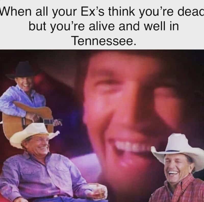 country music memes. When all your Ex's think you're deac but you're alive and well in Tennessee.