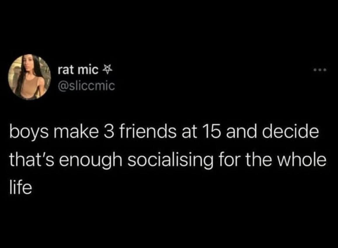 female memes. boys make 3 friends at 15 and decide that's enough socialising for the whole life