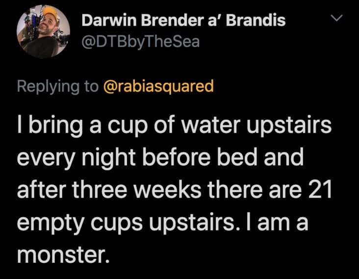 I bring a cup of water upstairs every night before bed and after three weeks there are 21 empty cups upstairs. I am a monster.