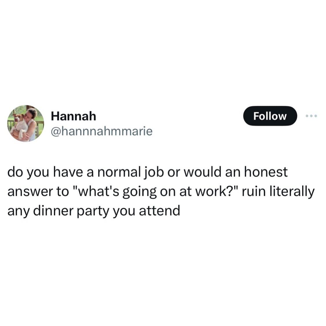 funny memes. do you have a normal job or would an honest answer to "what's going on at work?" ruin literally any dinner party you attend