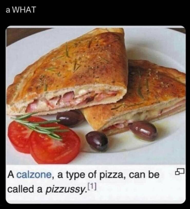 funny memes. A calzone, a type of pizza, can be called a pizzussy.