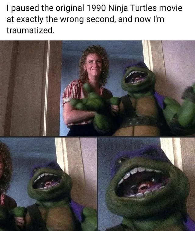 funny memes. I paused the original 1990 Ninja Turtles movie at exactly the wrong second, and now I'm traumatized.
