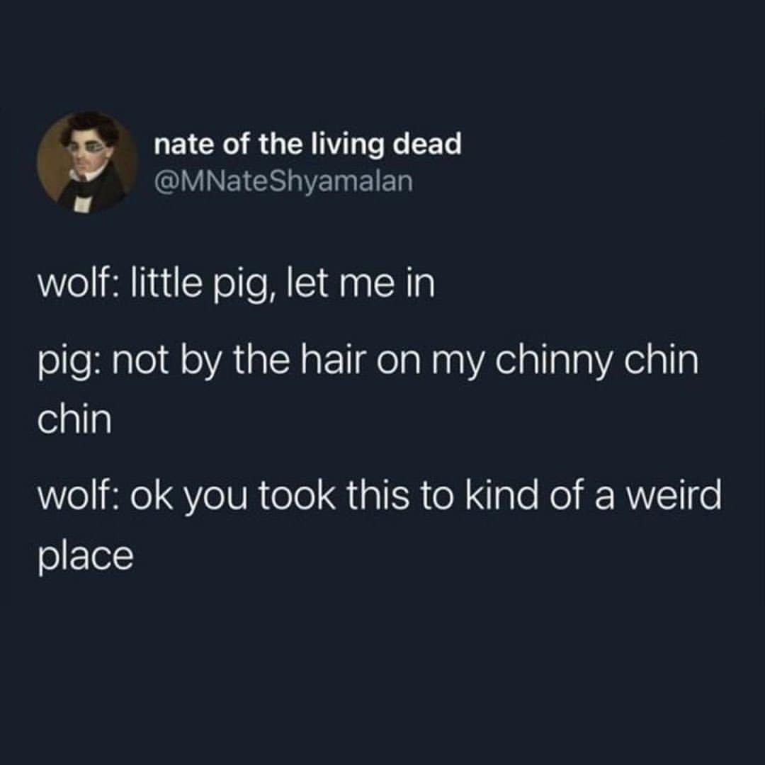 funny memes. wolf: little pig, let me in pig: not by the hair on my chinny chin chin wolf: ok you took this to kind of a weird place