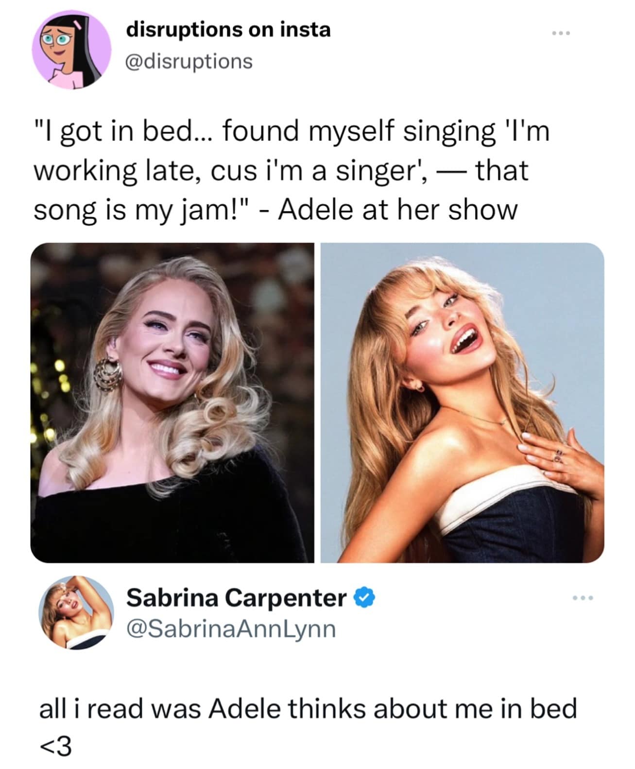 funny memes. "I got in bed... found myself singing 'I'm working late, cus i'm a singer', — that song is my jam!" - Adele at her show