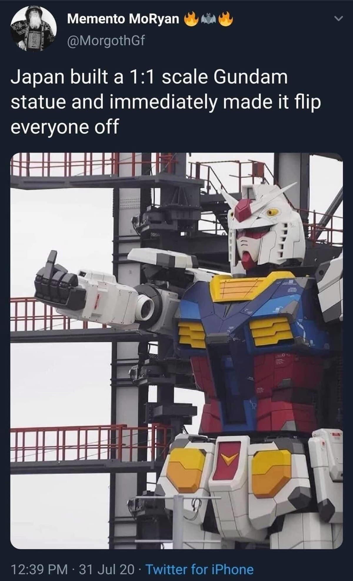 funny pics. Japan built a 1:1 scale Gundam statue and immediately made it flip everyone off