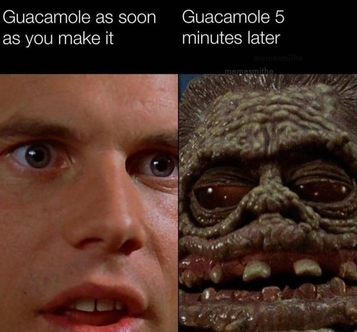 funny pics. Guacamole as soon as you make it Guacamole 5 minutes later