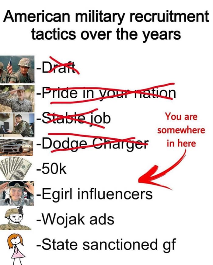 funny pics. American military recruitment tactics over the years