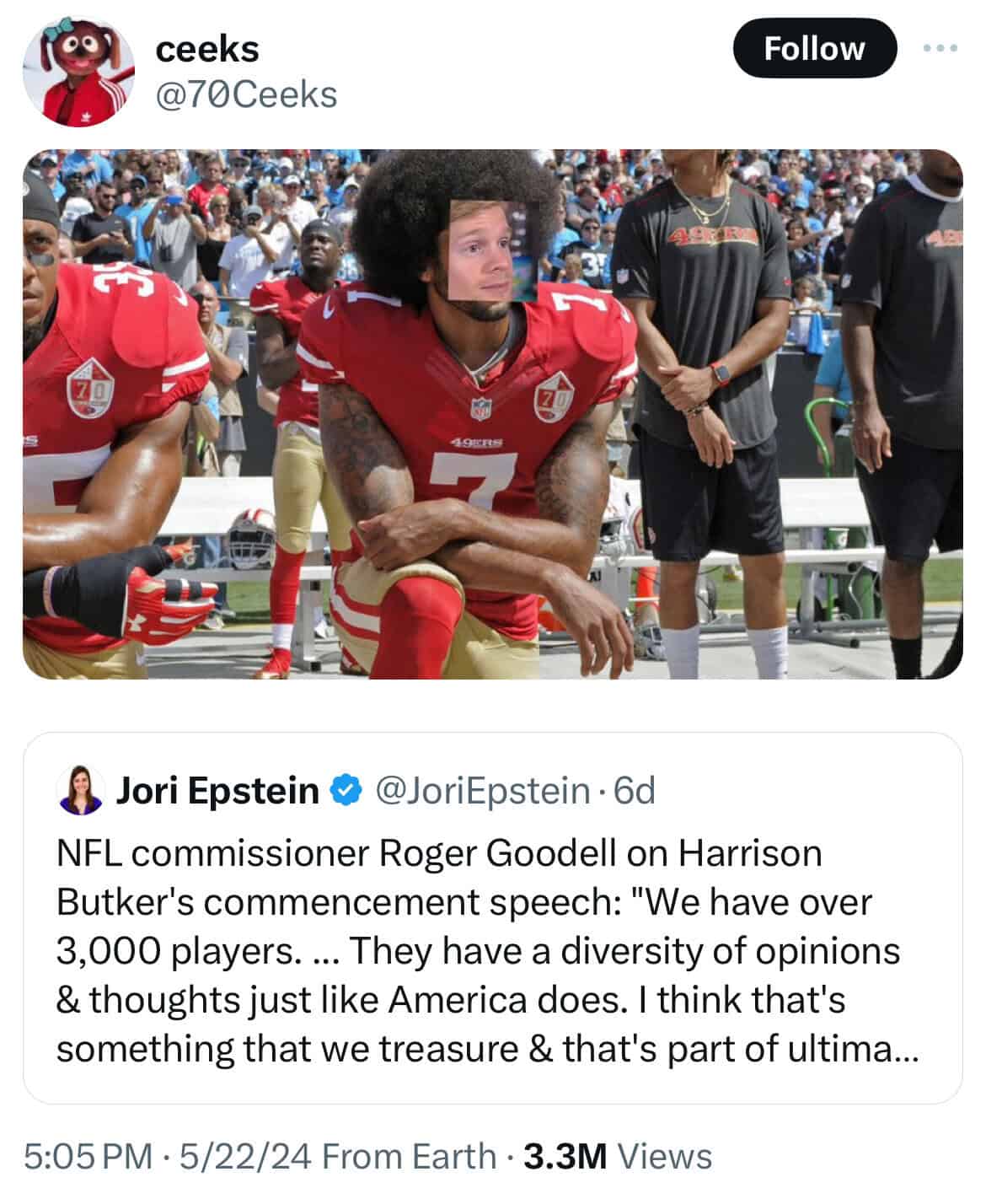 NFL commissioner Roger Goodell on Harrison Butker's commencement speech: "We have over 3,000 players. ... They have a diversity of opinions & thoughts just like America does. I think that's something that we treasure & that's part of ultima...