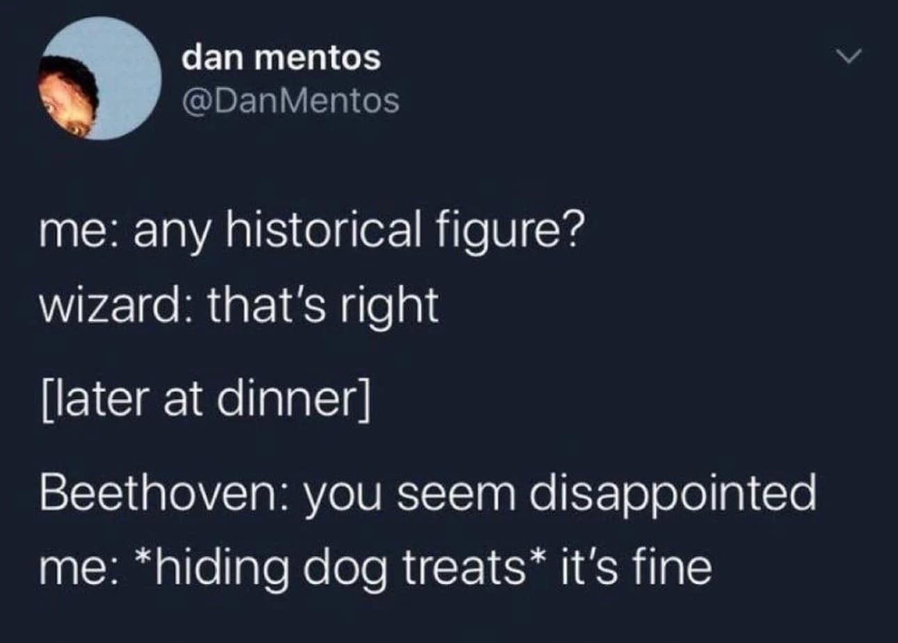 hilarious tweets. me: any historical figure? wizard: that's right [later at dinner Beethoven: you seem disappointed me: *hiding dog treats* it's fine