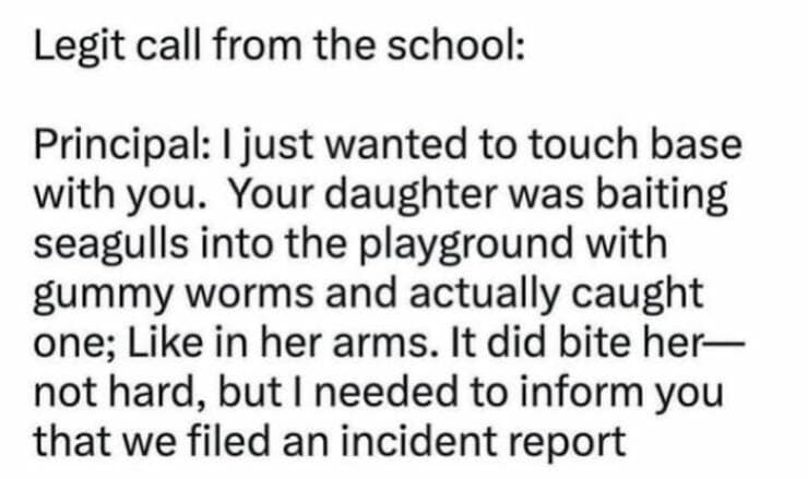 Legit call from the school: Principal: I just wanted to touch base with you. Your daughter was baiting seagulls into the playground with gummy worms and actually caught one; Like in her arms. It did bite her-not hard, but I needed to inform you that we filed an incident report