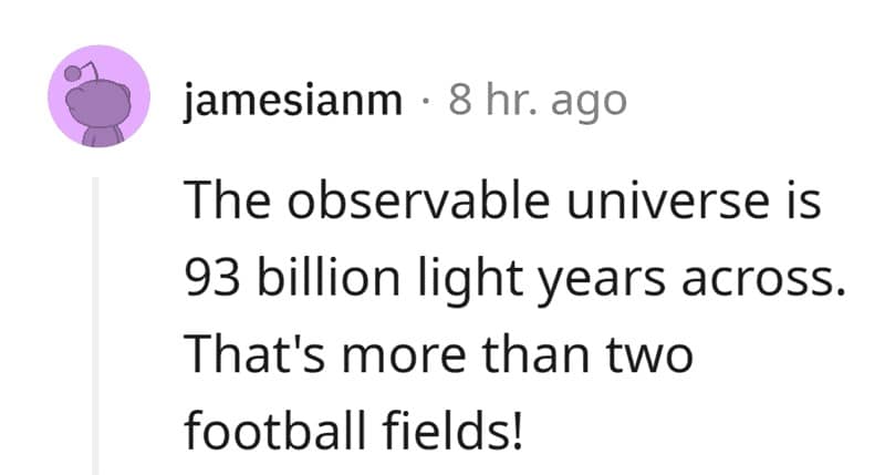 The observable universe is 93 billion light years across. That's more than two football fields!