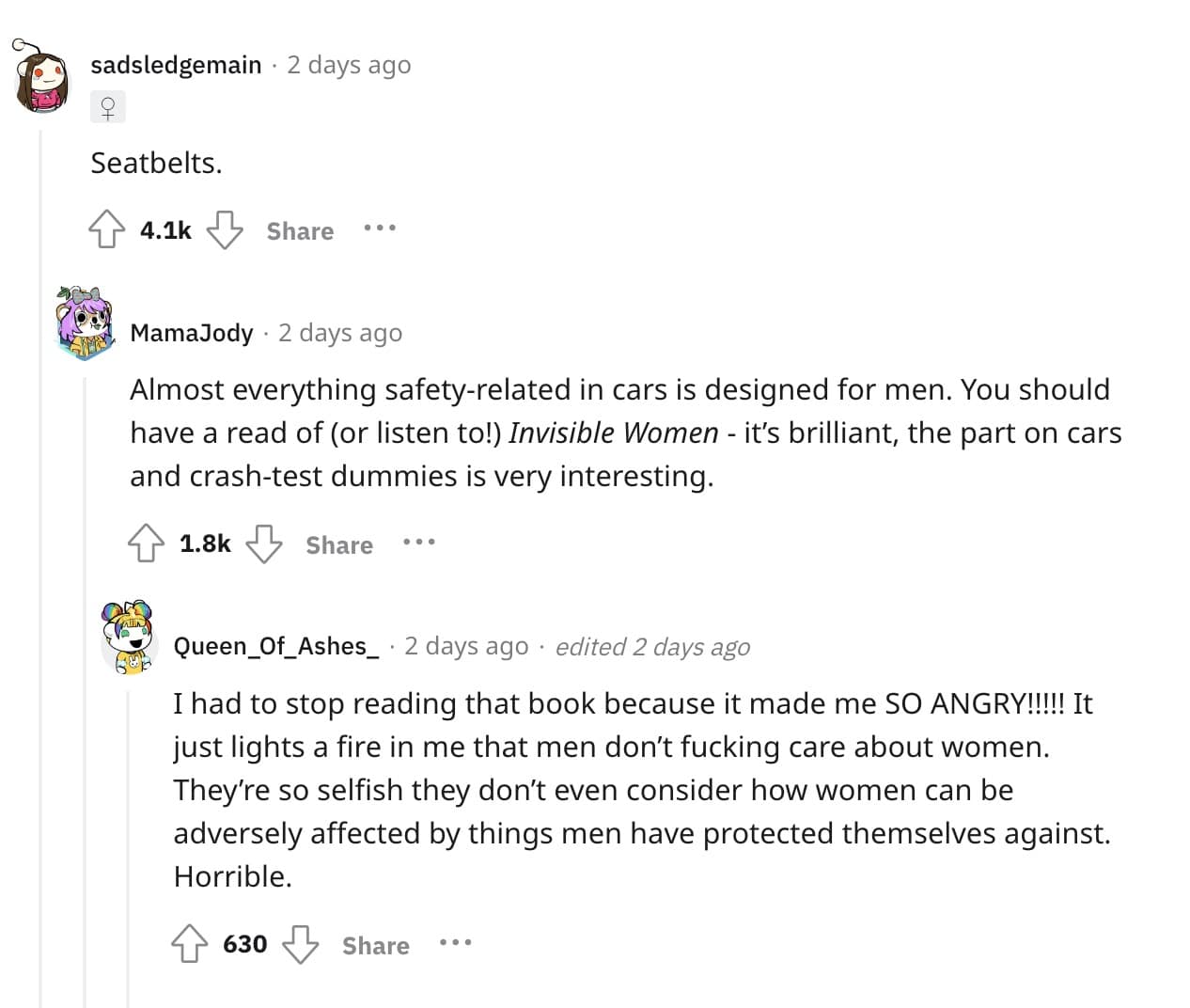 Almost everything safety-related in cars is designed for men. You should have a read of (or listen to!) Invisible Women - it's brilliant, the part on cars and crash-test dummies is very interesting.
