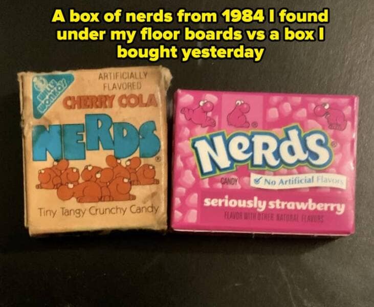 A box of nerds from 1984 I found under my floor boards vs a box I bought yesterday