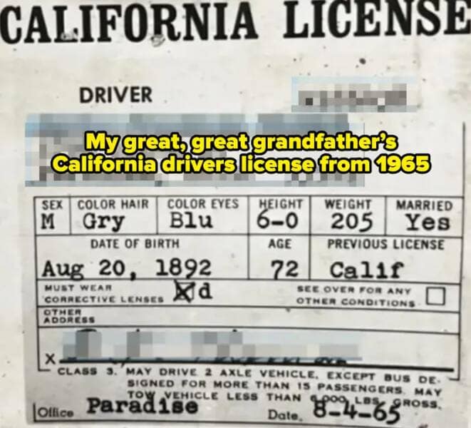 My great, great grandfather's california drivers license from 1965
