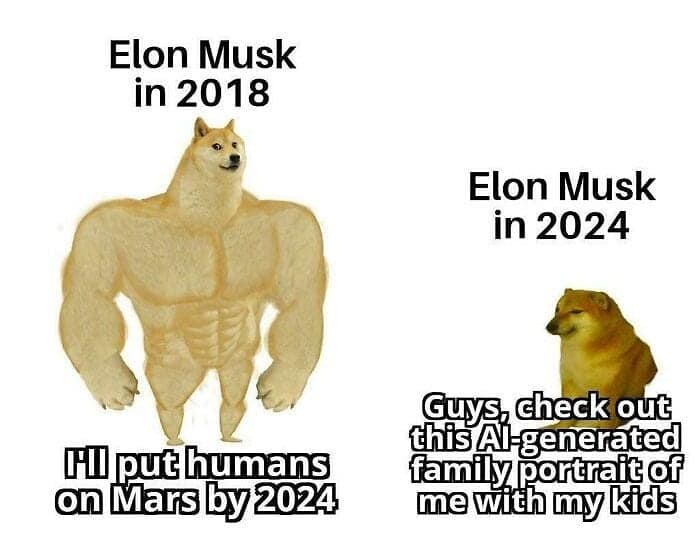 Elon Musk in 2018 Elon Musk in 2024 Ill put humans on Mars by 2024 Guys, check out this Al-generated family portrait of me with my kids