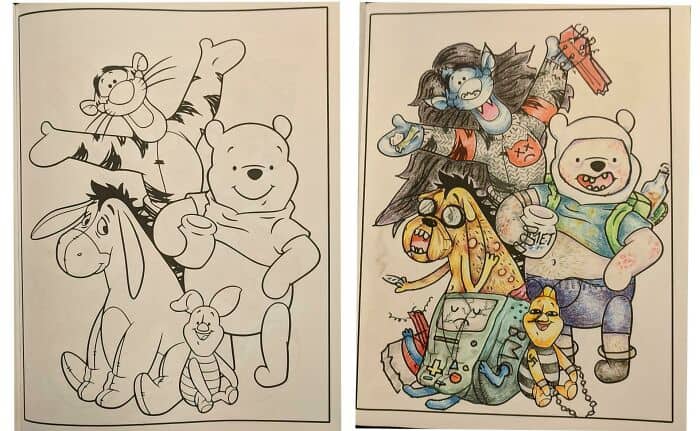 corrupted coloring books, adult coloring book humor, dark humor coloring books, funny coloring book edits