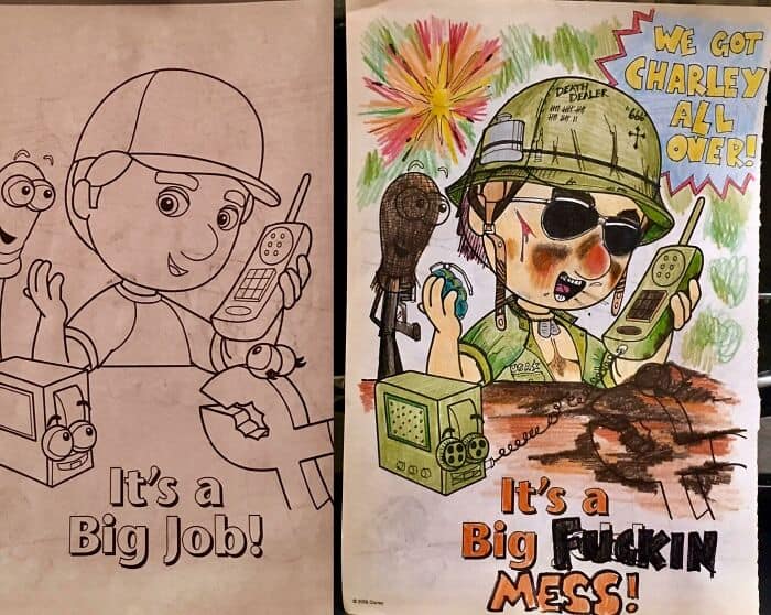 corrupted coloring books, adult coloring book humor, dark humor coloring books, funny coloring book edits