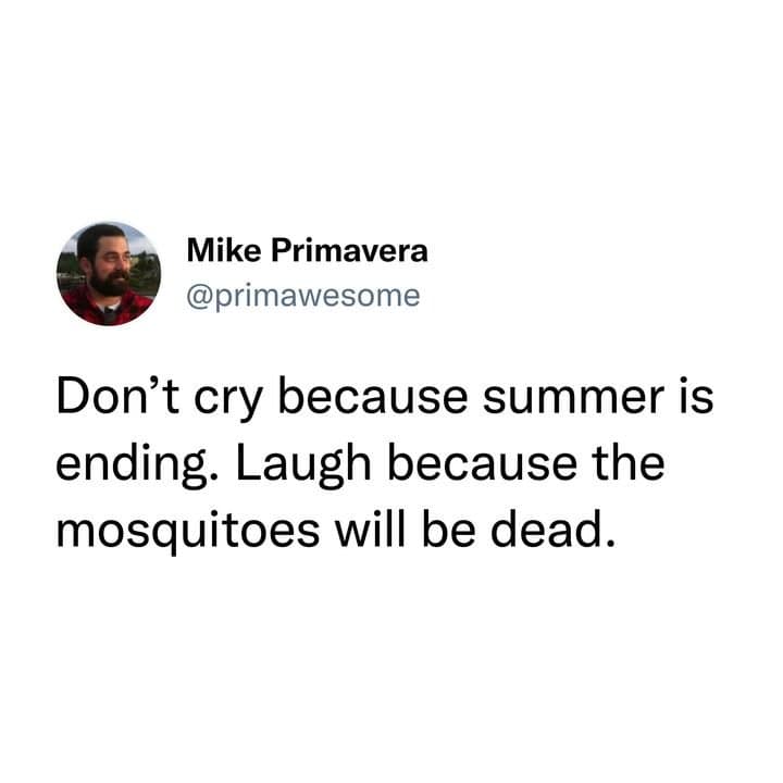 Don't cry because summer is ending. Laugh because the mosquitoes will be dead.