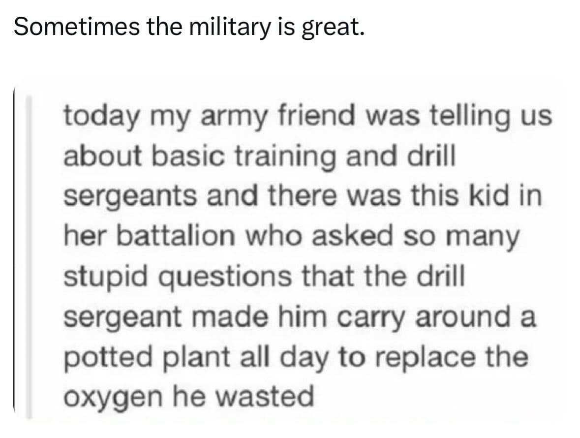 Sometimes the military is great. today my army friend was telling us about basic training and drill sergeants and there was this kid in her battalion who asked so many stupid questions that the drill sergeant made him carry around a potted plant all day to replace the oxygen he wasted
