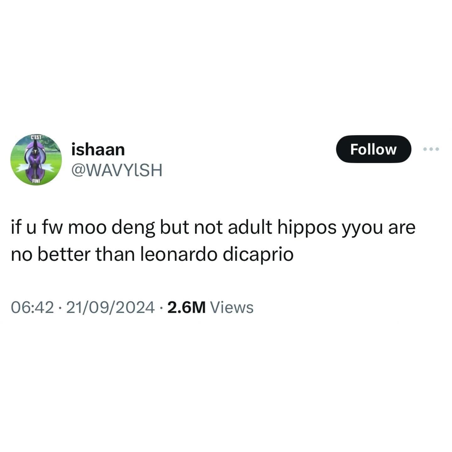 if u fw moo deng but not adult hippos yyou are no better than leonardo dicaprio