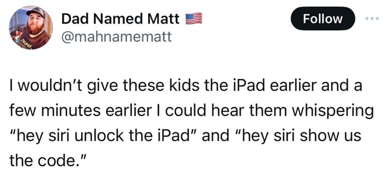 I wouldn't give these kids the iPad earlier and a few minutes earlier I could hear them whispering "hey siri unlock the iPad" and "hey siri show us the code."