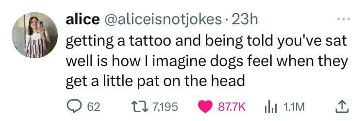 getting a tattoo and being told you've sat well is how I imagine dogs feel when they get a little pat on the head
