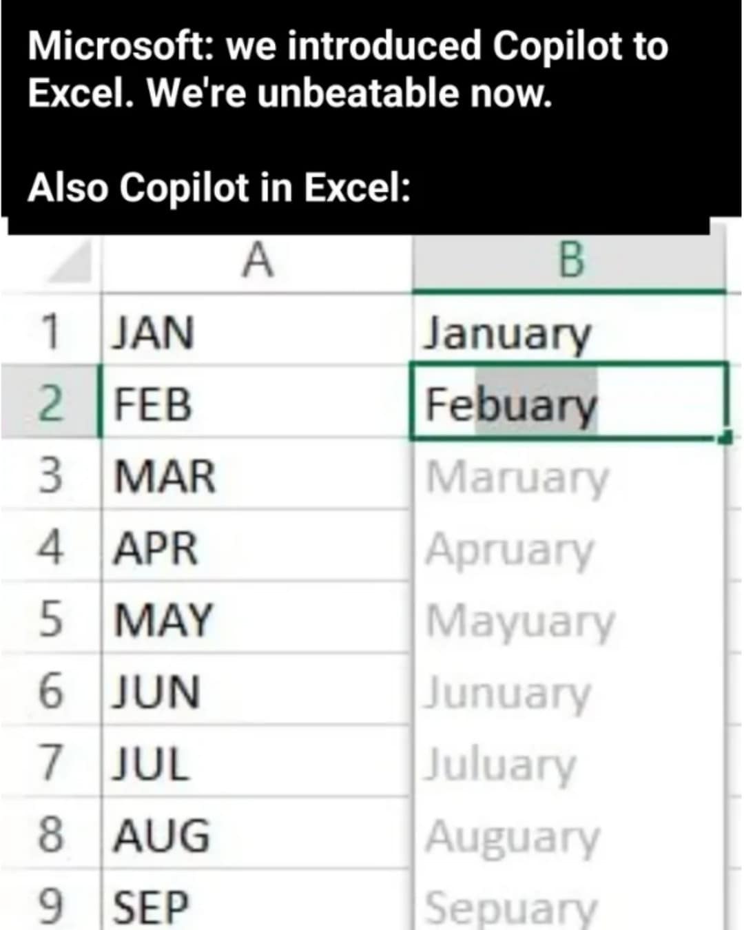 Microsoft: we introduced Copilot to Excel. We're unbeatable now. Also Copilot in Excel: