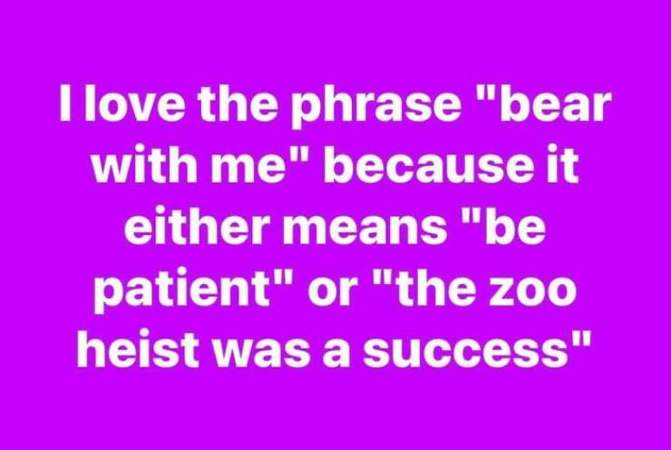 llove the phrase "bear with me" because it either means "be patient" or "the zoo heist was a success"