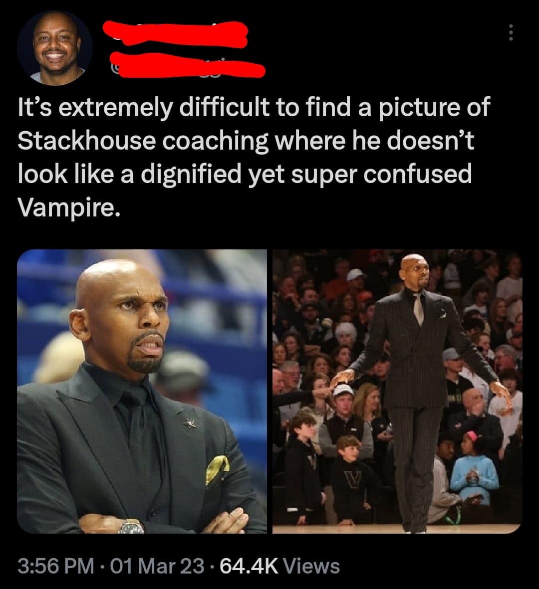 It's extremely difficult to find a picture of Stackhouse coaching where he doesn't look like a dignified yet super confused Vampire.