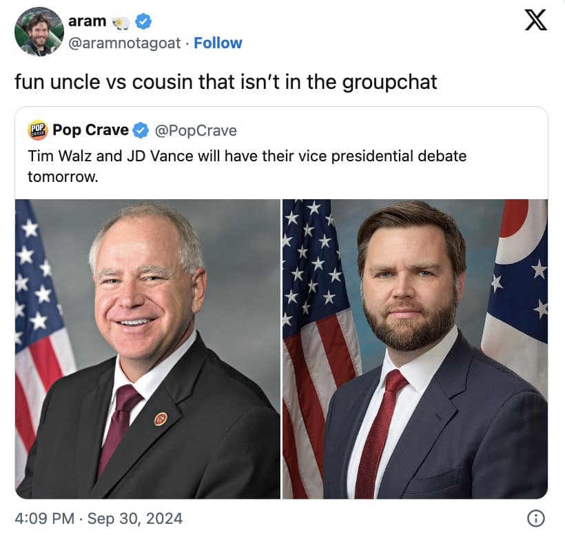 vp debate memes, Tim Walz memes, JD vance memes, political memes, debate memes, funny political memes, election memes, political debate humor, campaign gaffe memes, funny political reactions