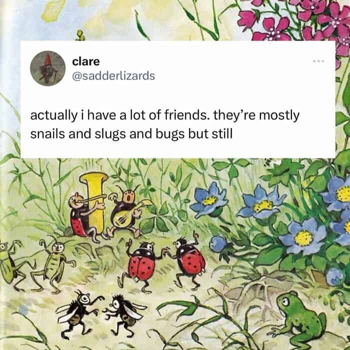 actually i have a lot of friends. they're mostly snails and slugs and bugs but still