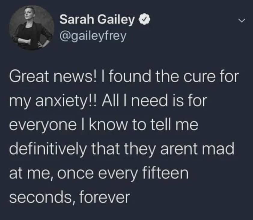 Great news! I found the cure for my anxiety!! All I need is for everyone I know to tell me definitively that they arent mad at me, once every fifteen seconds, forever