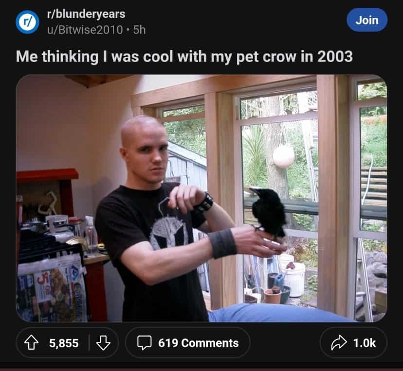 Me thinking I was cool with my pet crow in 2003